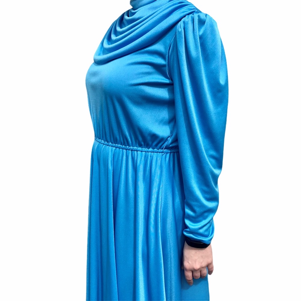Vintage 70s Blue High Neck Draped Dress - Picture 7 of 9